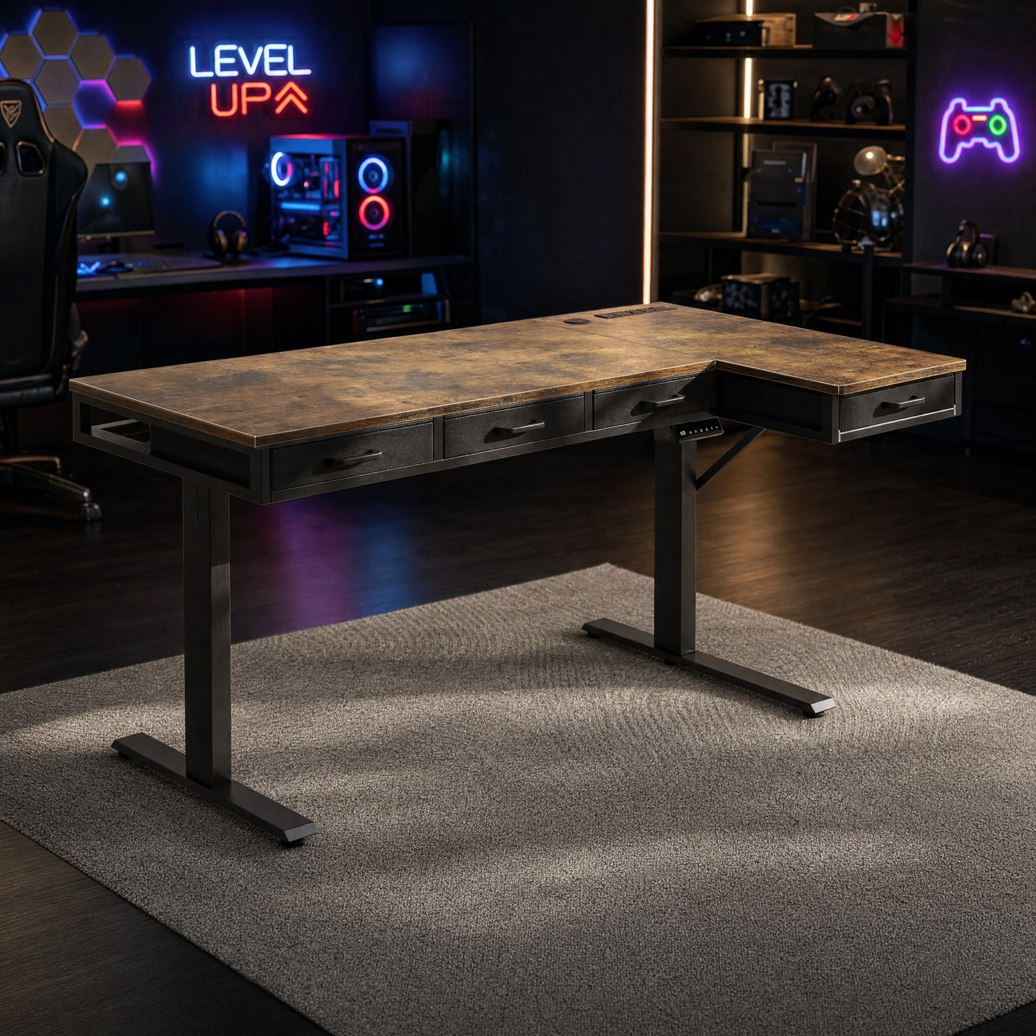 Electric standing desk with 4 drawers Rustic wood l shaped desk For home office studio