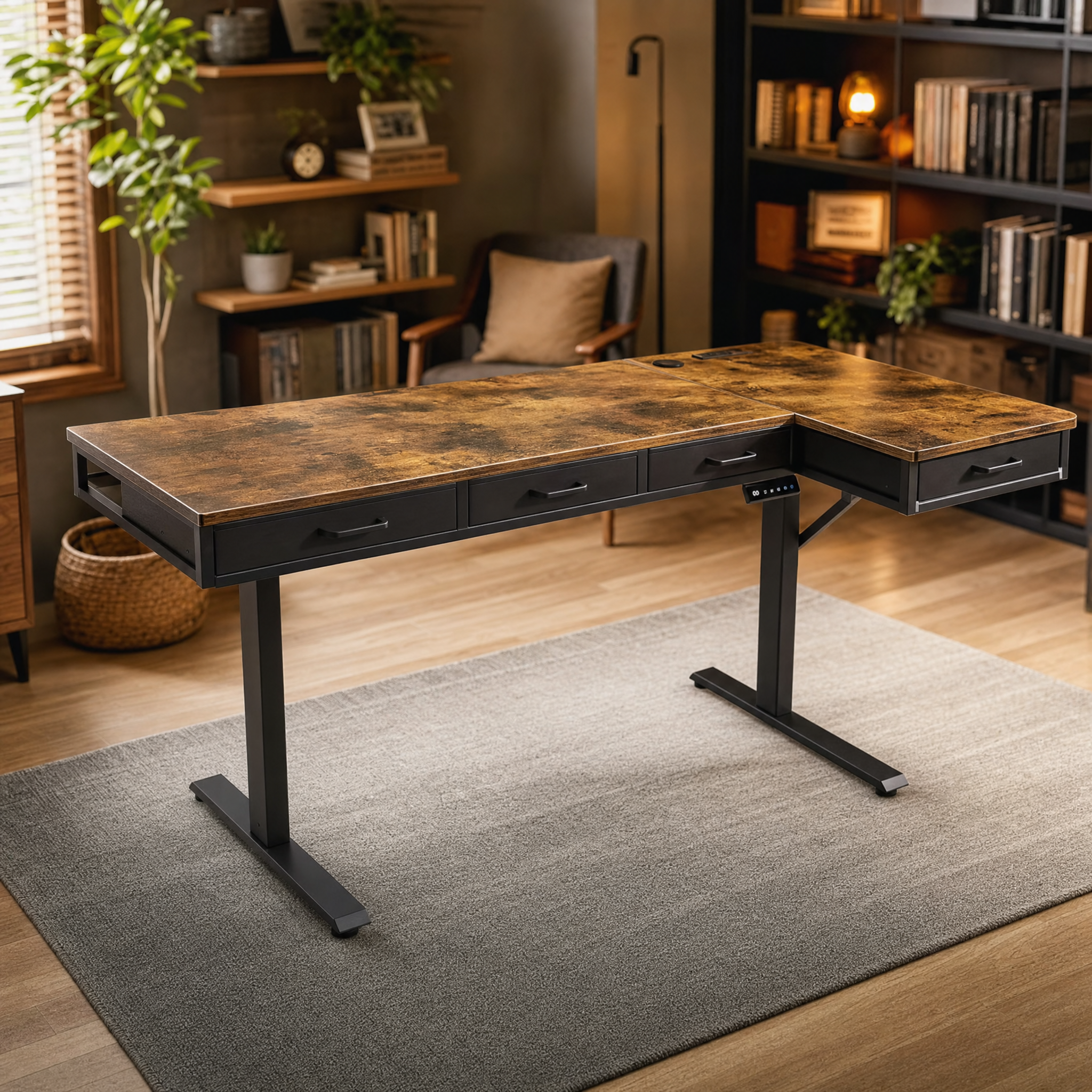 Electric standing desk with 4 drawers Rustic wood l shaped desk For home office studio
