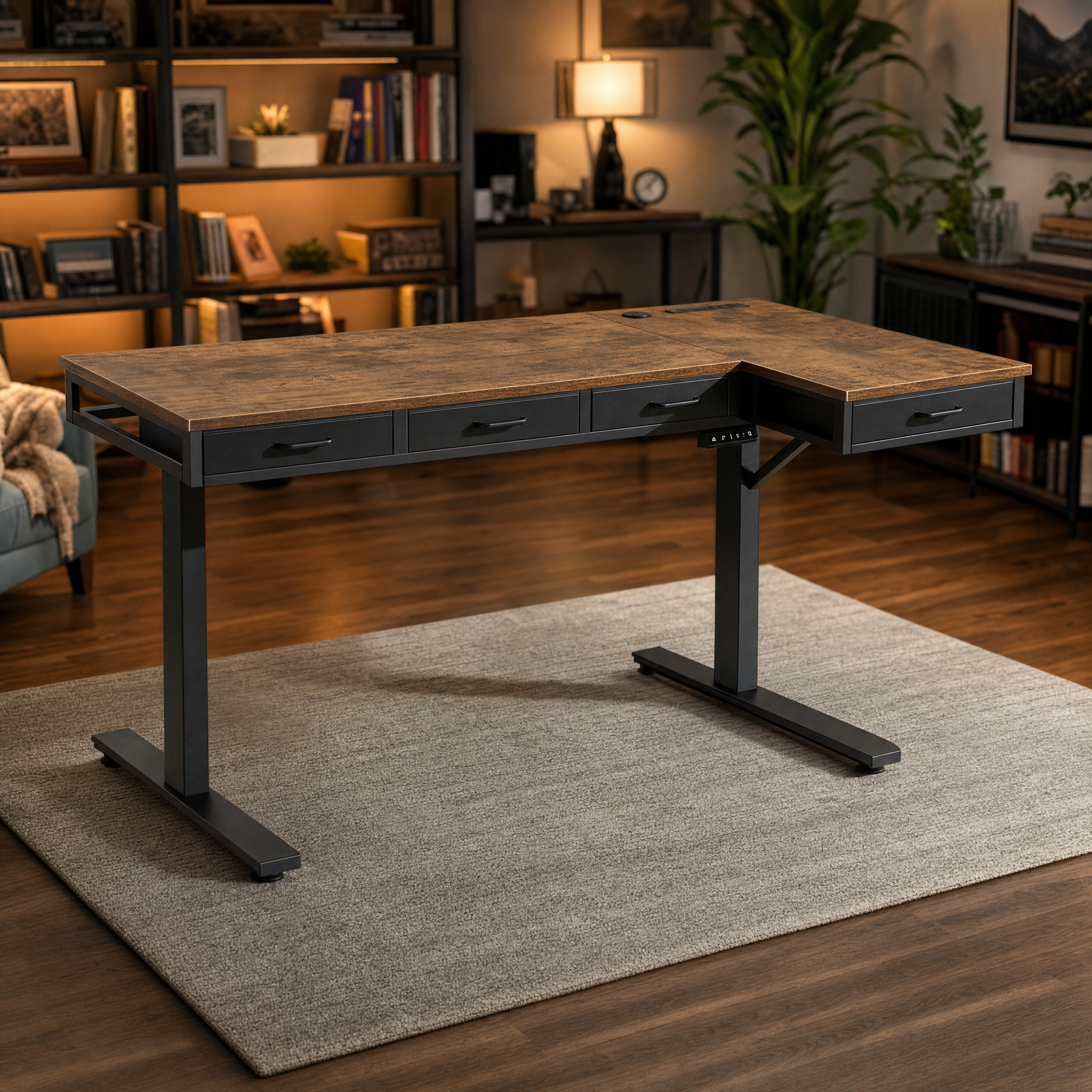 Electric standing desk with 4 drawers Rustic wood l shaped desk For home office studio