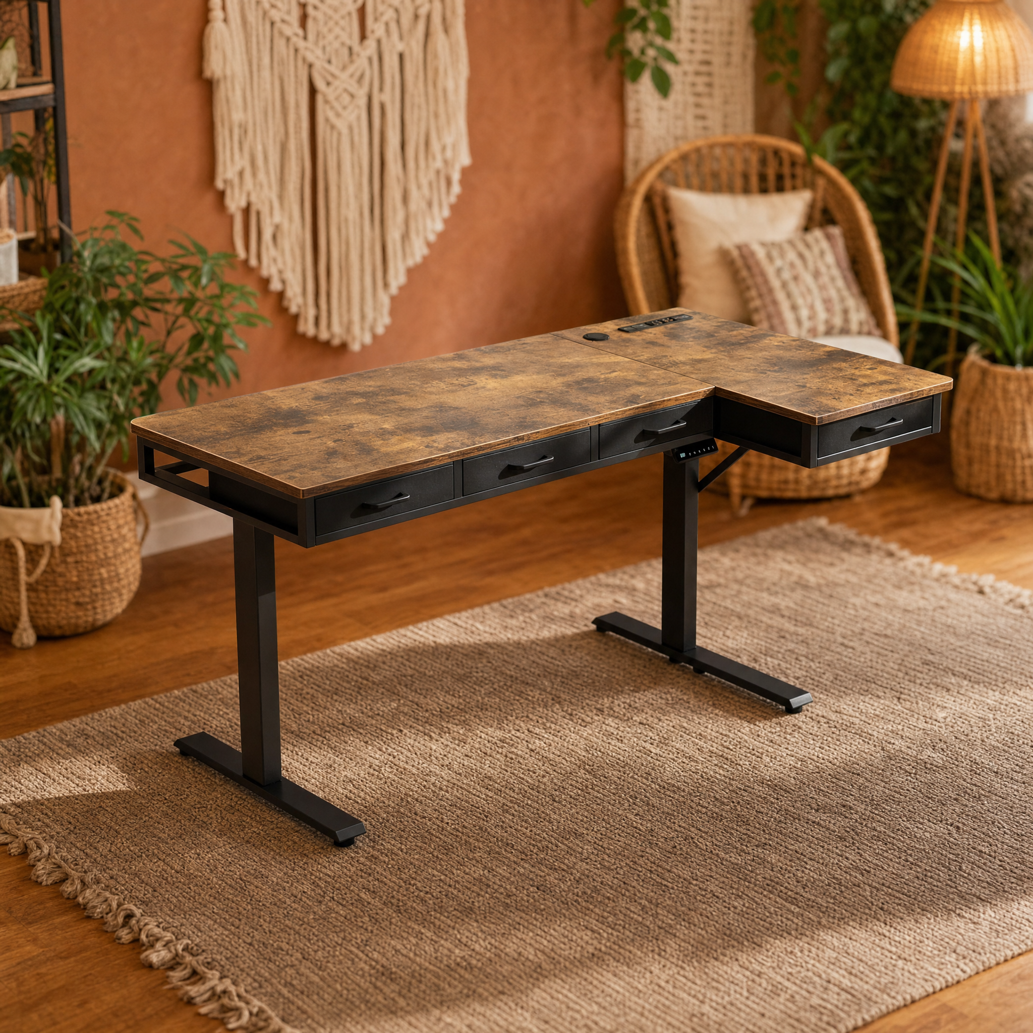Electric standing desk with 4 drawers Rustic wood l shaped desk For home office studio