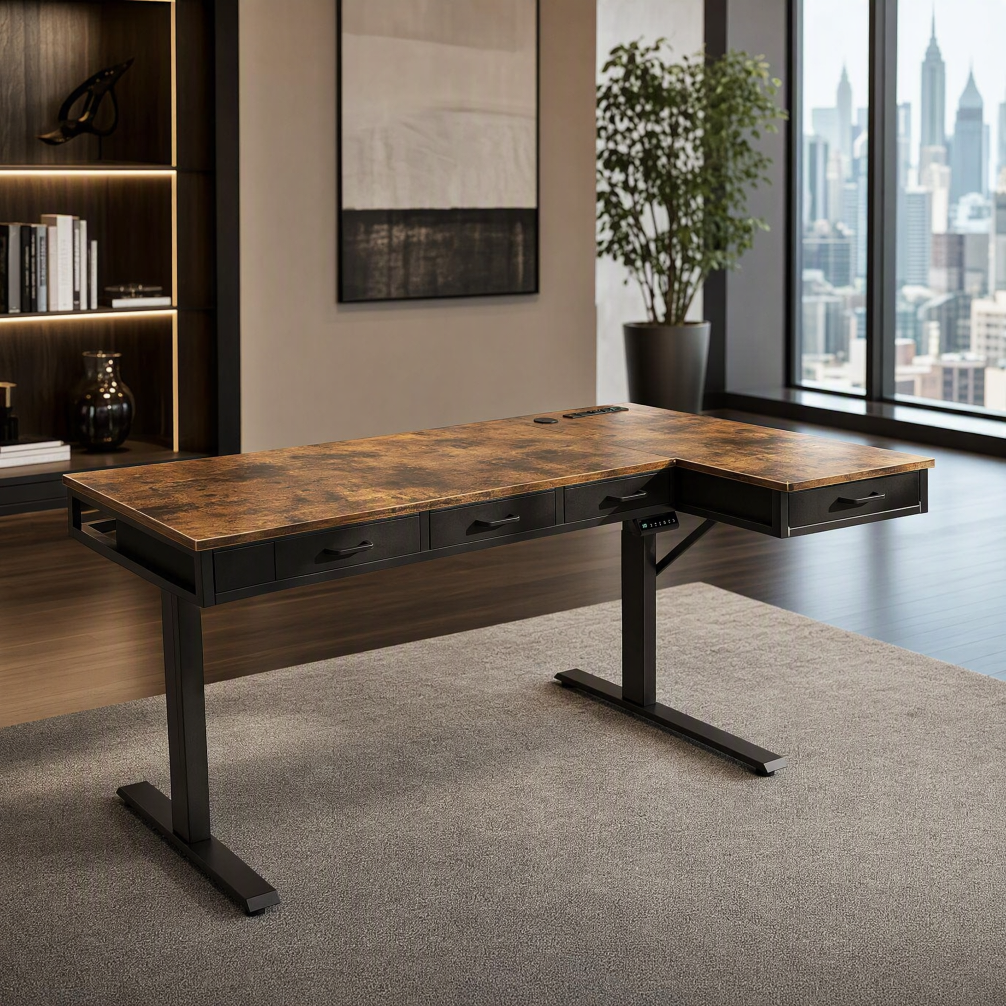 Electric standing desk with 4 drawers Rustic wood l shaped desk For home office studio