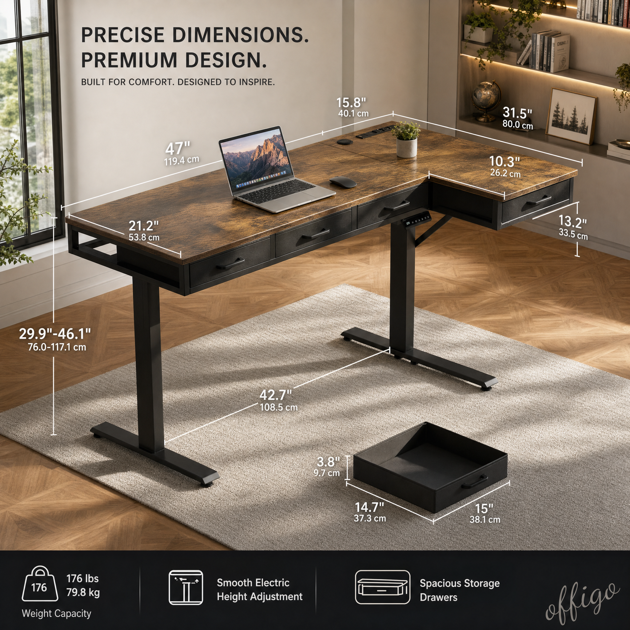 Electric standing desk with 4 drawers Rustic wood l shaped desk For home office studio