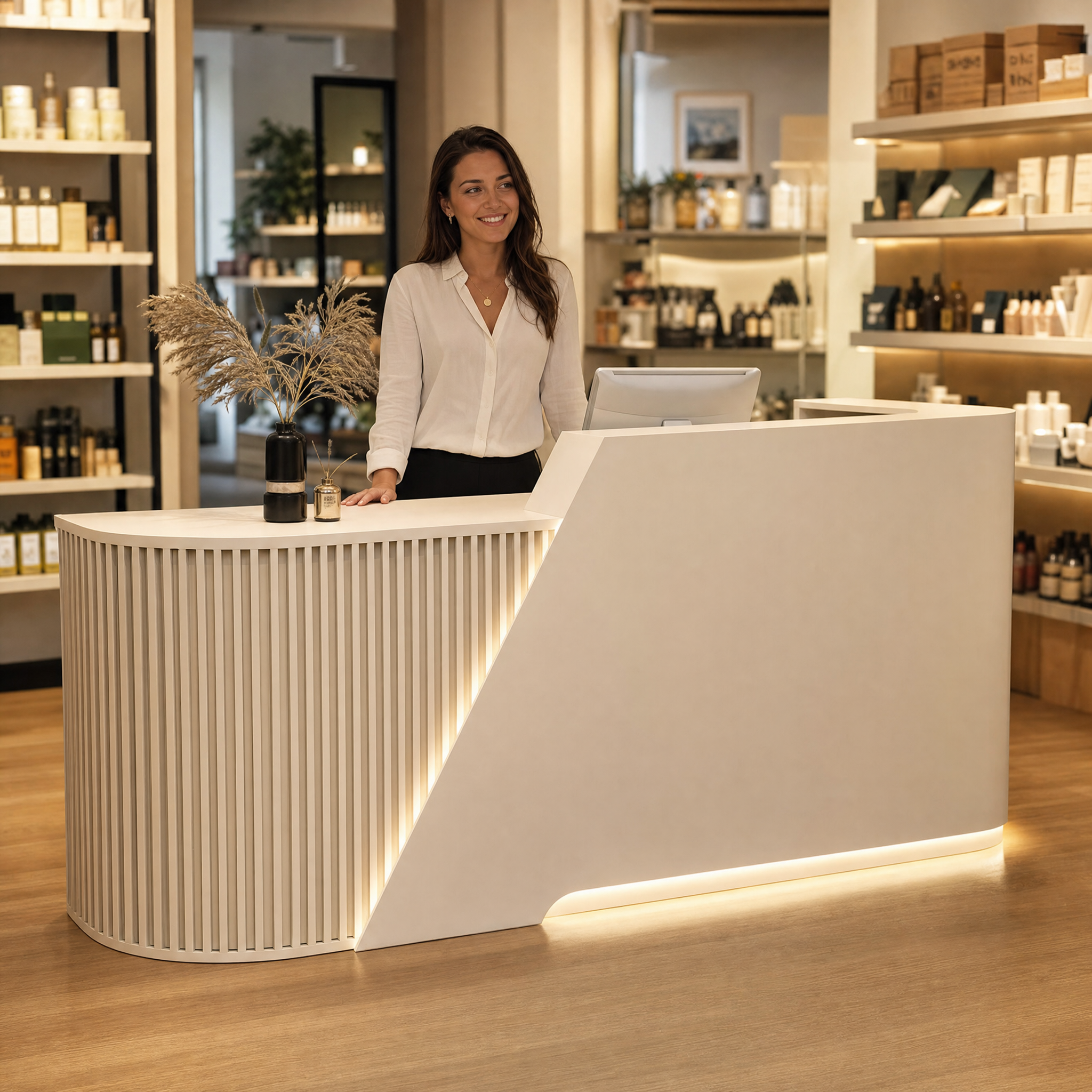 Modern reception desk with led light Beige front desk counter For salon spa beauty office