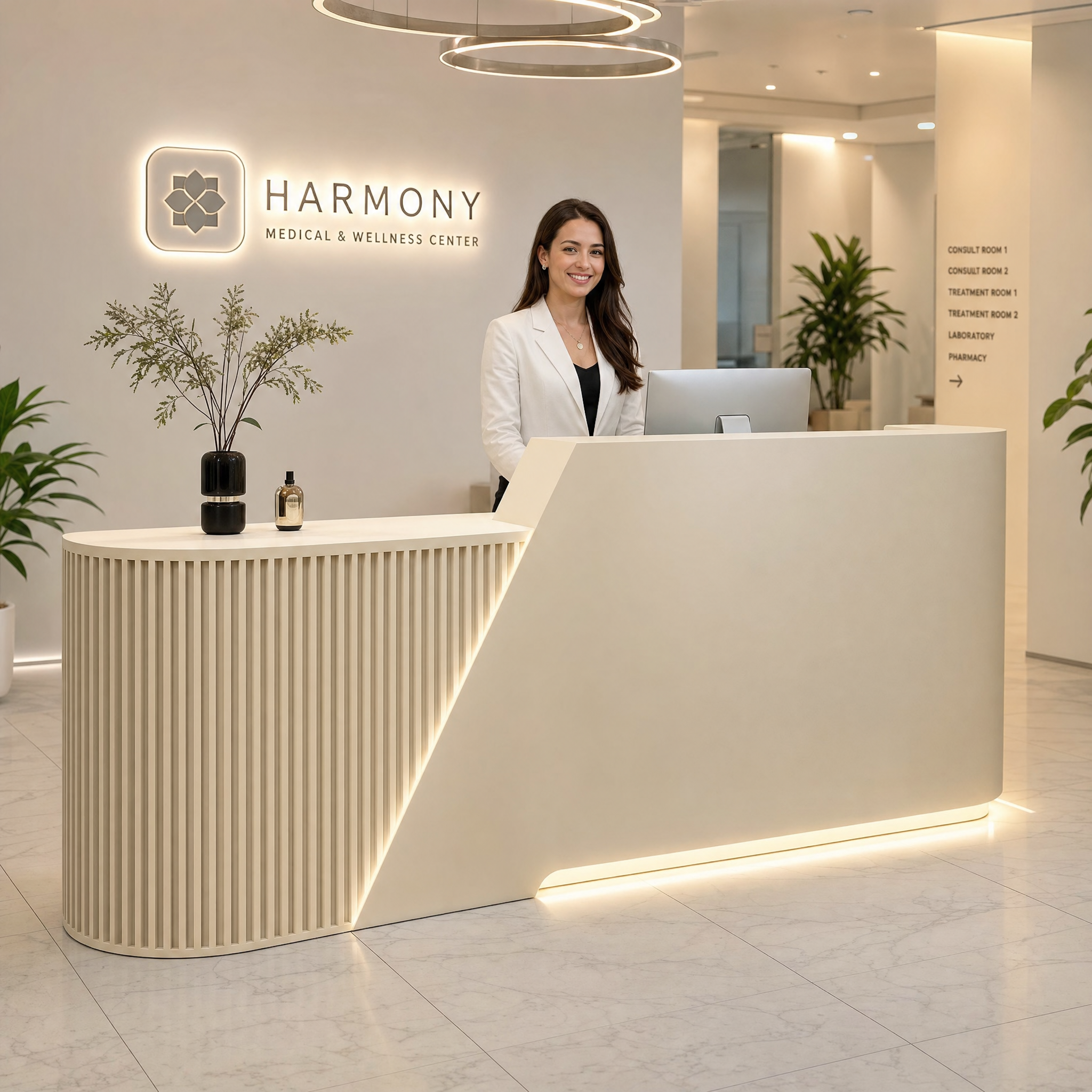Modern reception desk with led light Beige front desk counter For salon spa beauty office